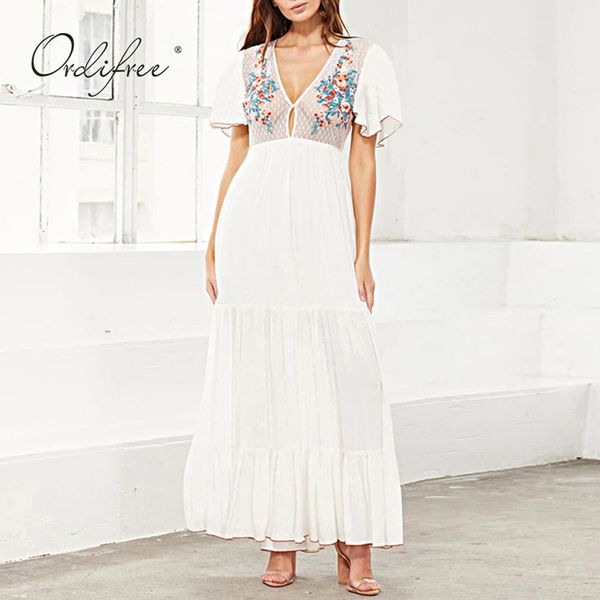 

summer boho women maxi short sleeve see through floral embroidery long beach dress 210415, Black;gray