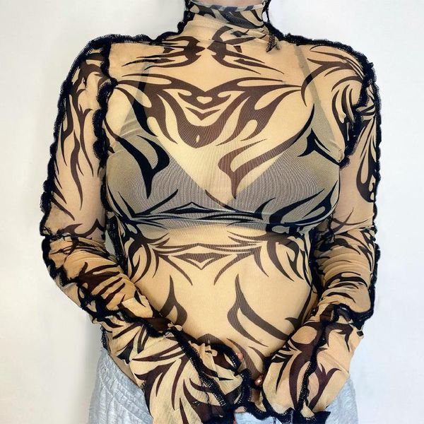 

women's t-shirt anti-car side printing long sleeve net yarn women, White