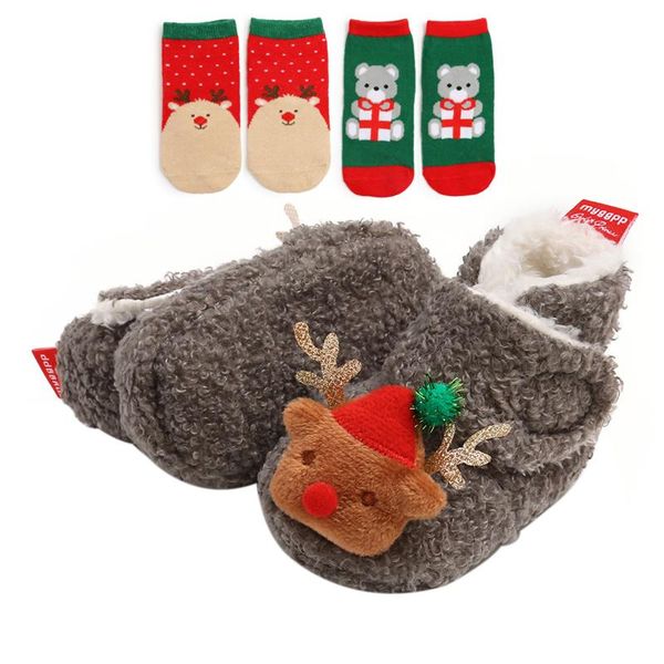 

first walkers baby christmas booties and socks set, winter warm fleece ankle crib shoes 3 piece set