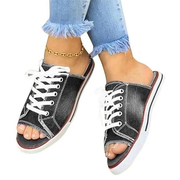 

slippers brand fashion women canvas sandals breathable summer lace up open toe ladies faux denim flat shoes woman zapatos mujer, Black