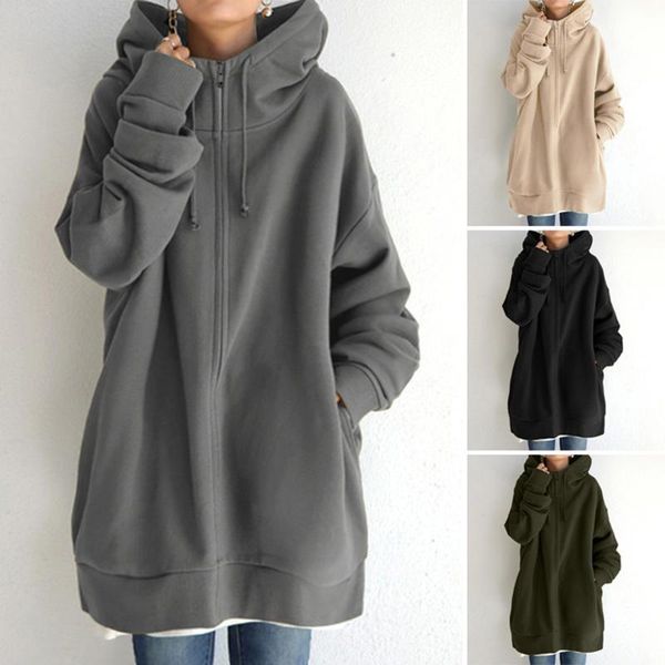 

women's hoodies & sweatshirts loose long hooded streetwear winter zipper sleeve harajuku pocket pullover girl casual warm blusa, Black