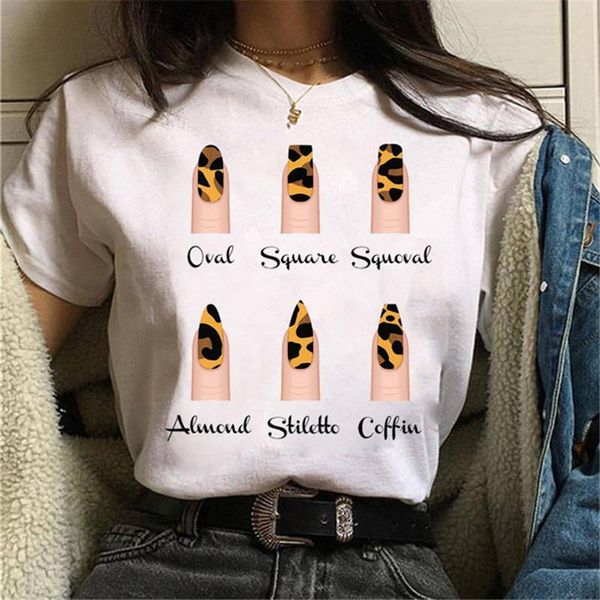 

women's t-shirt women t shirt personality nail art print tshirt fun summer short-sleeve harajuku female round neck 90s girls loose tee, White