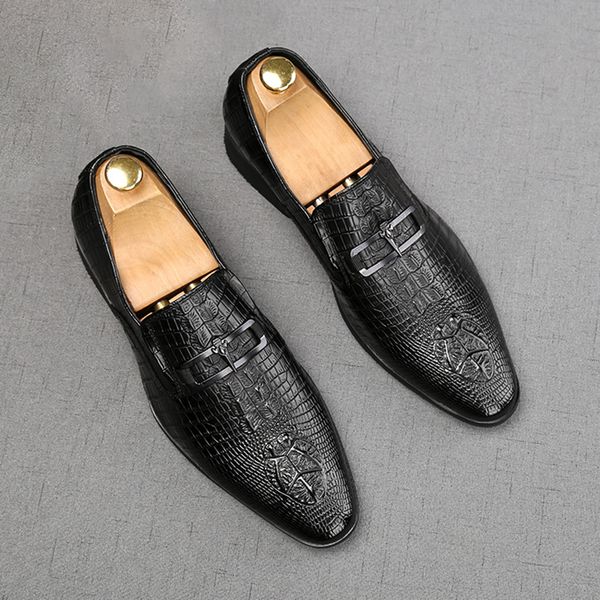 

luxury designer men's pointed crocodile pattern leather shoes metal buckle dress party prom stage shoes male wedding evening footwear, Black