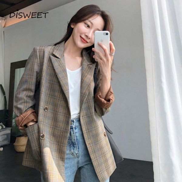 

plaid loose blazer woman korean long-sleeved single-breasted suit collar autumn ladies simple slim women's 2021 suits & blazers, White;black