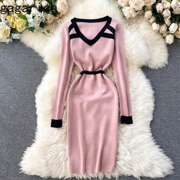 

gagarich women knit dress color matching v-neck elastic waist hugging slim temperament autumn stretch fashion lady vestido casual dresses, Black;gray