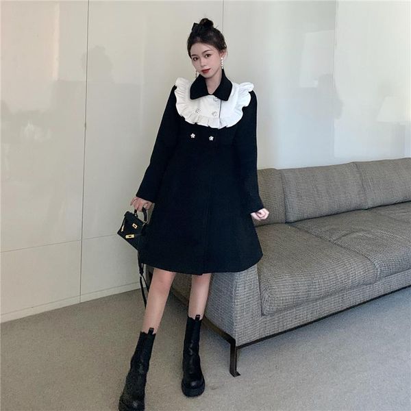 

women's wool & blends french fashion woolen coat long cut turn down collar black vintage women