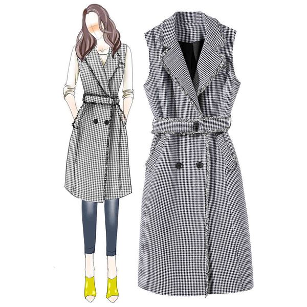 

casual dresses fall autumn grey sleeveless notched-lapel houndstooth print belted buttons double-breasted fashion long vest & o15871805 z0l5, Black;gray