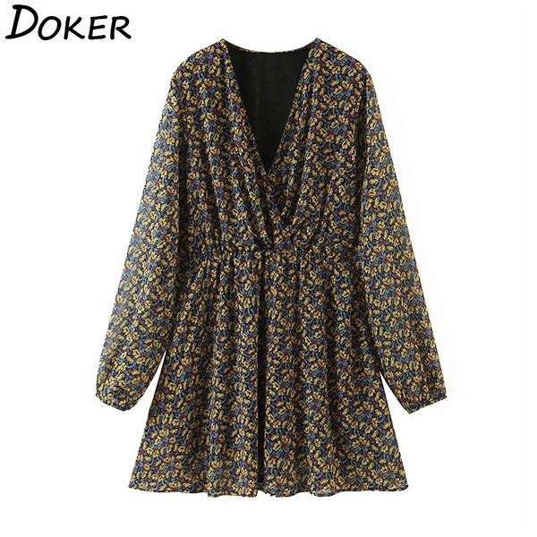 

floral print chiffon mini dress women fashion v neck long sleeve plus size elegant party ladies casual boho beach dresses femme 210423, Black;gray