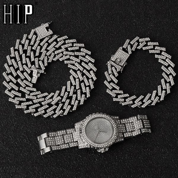 

hip hop necklace +watch+bracelet bling iced out miami zircon cuban prong pave rhinestone men bracelet necklace for men jewelry x0509, Black