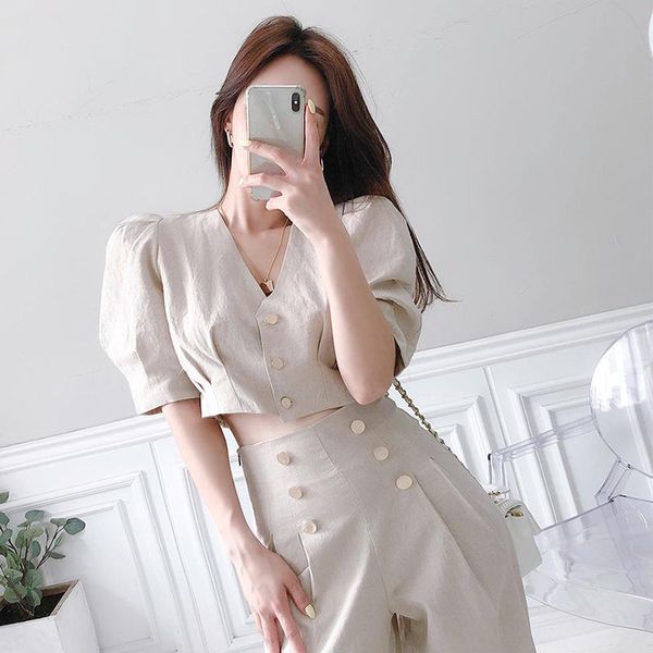 

han edition style v-neck hubble-bubble sleeve blouse of tall waist double-breasted wide-legged pants show thin suit women's suits & bla, White;black