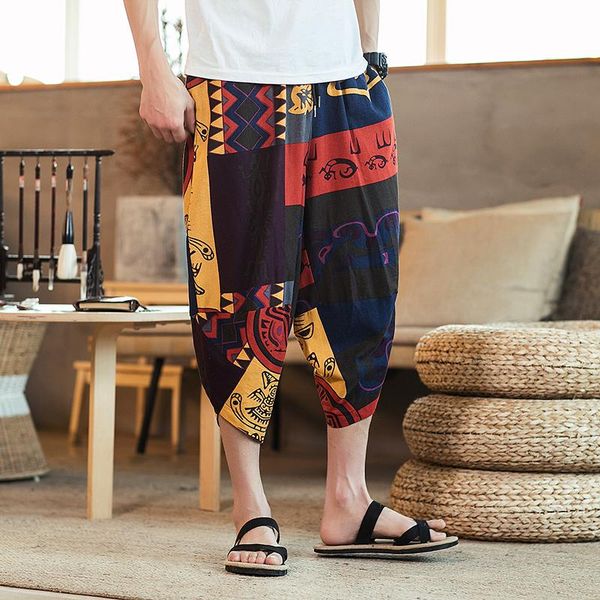 

drop 2021 korean style male harem pants men calf length printed cotton linen bermuda masculina streetwear men's, Black