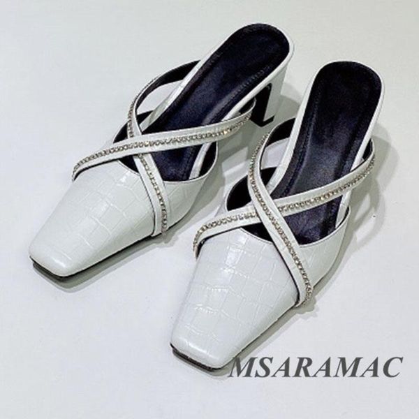 

fashion crocodile pattern crystal high-heeled slippers leather square toe heel street ladies party shoes, Black