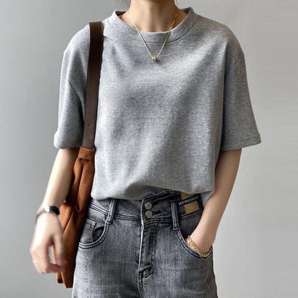 

women solid color retro short sleeve t-shirt cotton tees casual regular round neck all-match summer tshirt white grey women's