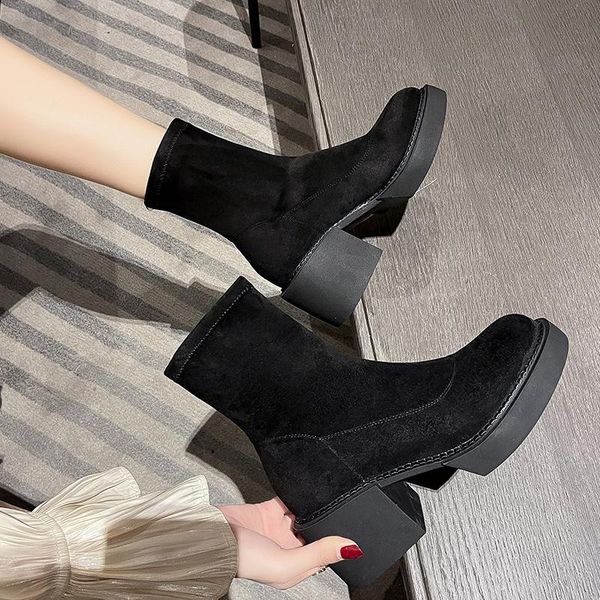 

boots 2021 autumn women sock platform gothic shoes short booties fashion high heels black flock ankle
