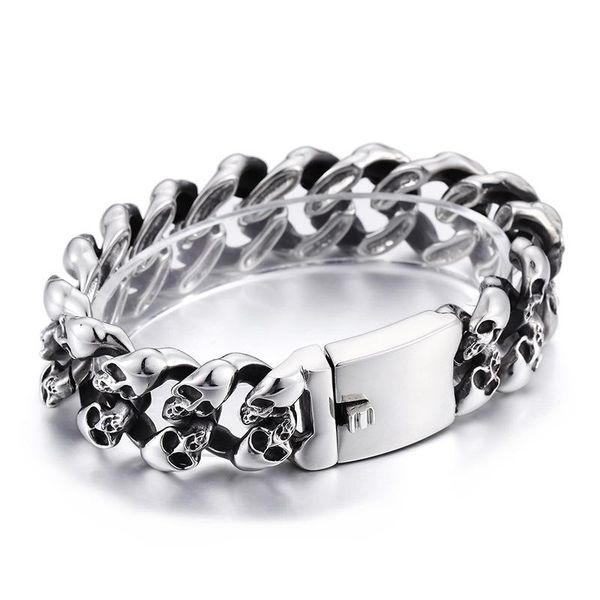 

charm bracelets fashion cool men punk skeleton chain bracelet stainless steel retro color black ghost double skull jewelry, Golden;silver