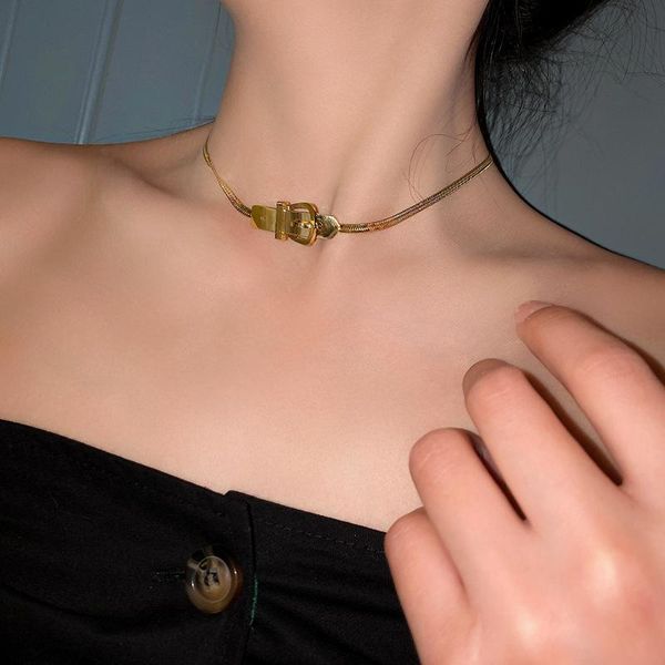 

chokers korean fashion niche design sense belt buckle necklace cold wind personality clavicle chain choker female, Golden;silver