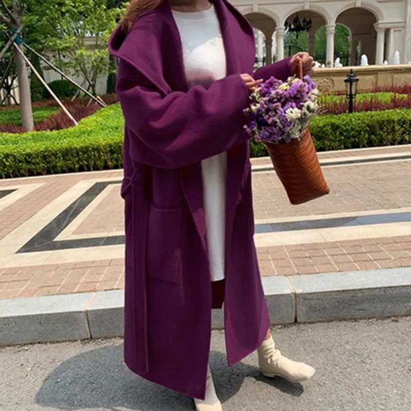 

women's wool & blends winter women solid loose hooded woolen coats female elegant sashe pocket warm outerwears ladys oversize streetwea, Black