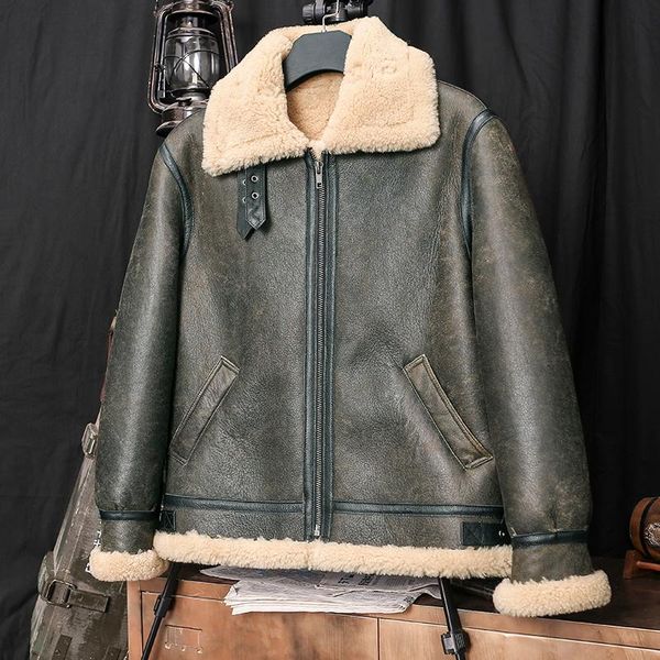 

men's leather & faux light green 2021 military style b3 bomber pilot shearling coat plus size 4xl genuine sheepskin russian winter thic, Black