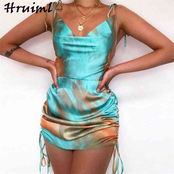 

dress summer holiday v neck mini printing elegant beach woman skinny backless night club sling ruched es strappy 210513, Black;gray