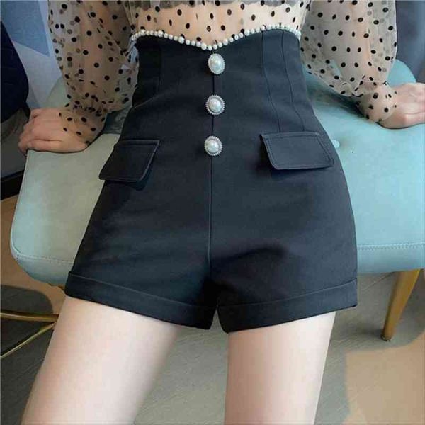 

high waist wide leg big women short size vintage girl single breasted pearl streetwear, White;black