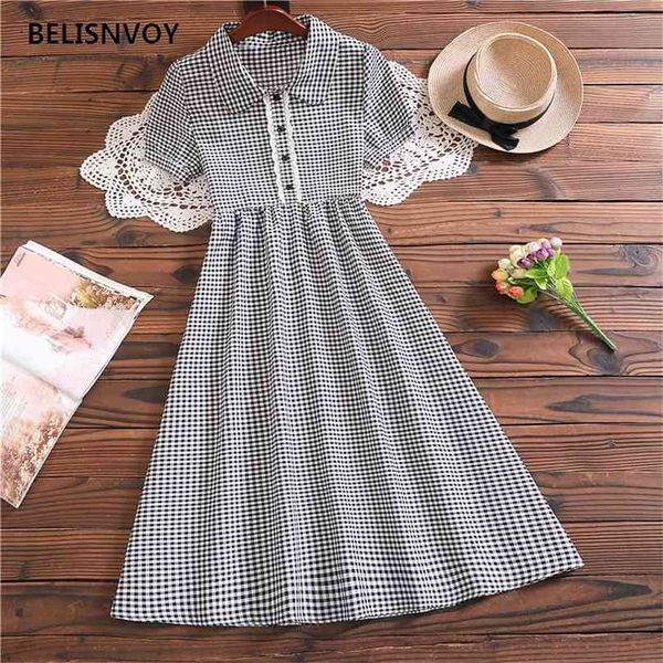 Summer Fashion Mori Girl Sweet Dress Stile giapponese Colletto alla Peter Pan Manica corta Plaid Abiti retrò Pizzo Crochet Midi 210520