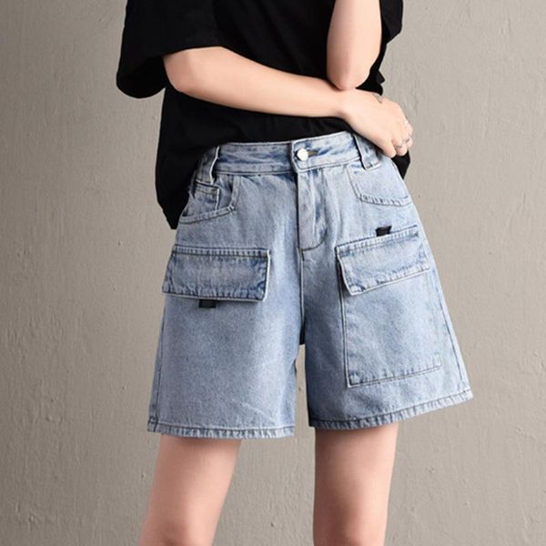 

women's shorts vintage denim summer classic high waist blue wide leg female jeans caual ladies pocket large size trousers, White;black