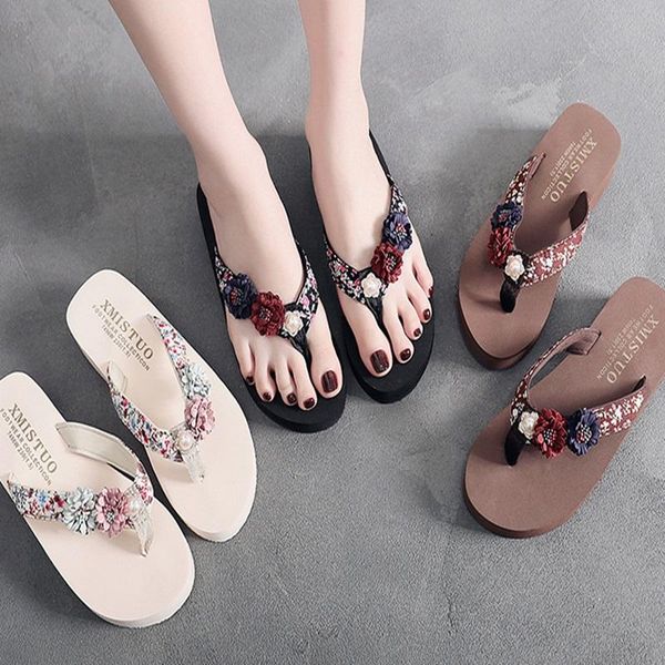 

slippers summer women flip flops beach shoe ladies colors flowers fashion shoes vintage slipper luxury design high quality, Black