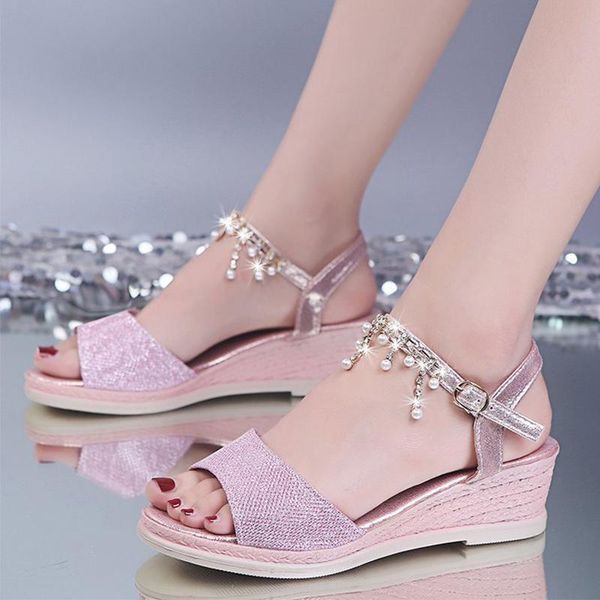 

dress shoes wedge sandals women pearls buckle straps woman open toe soft pu ladies outside crystal women's 2021 summer, Black