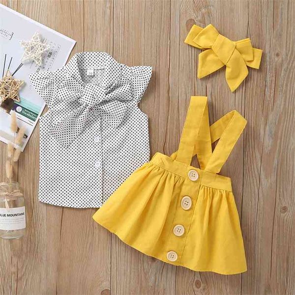 

summer style children sets casual sleeveless single breasted dot yellow solid skirt bow headdress child clothes 210629, White