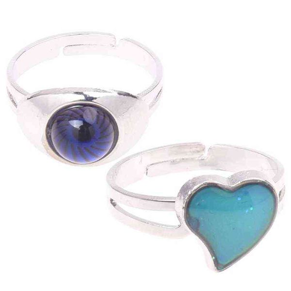 

2 pcs adjustable finger rings:1 pcs color changing silver-plated heart-shaped mood ring & 1 pcs cute eye shape color change emot g1125, Slivery;golden