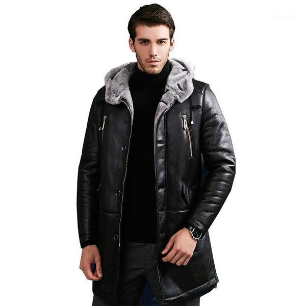 

men's leather & faux genuine jacket men winter warm double-faced fur coat natural real wool plus size jaqueta de couro zl373, Black