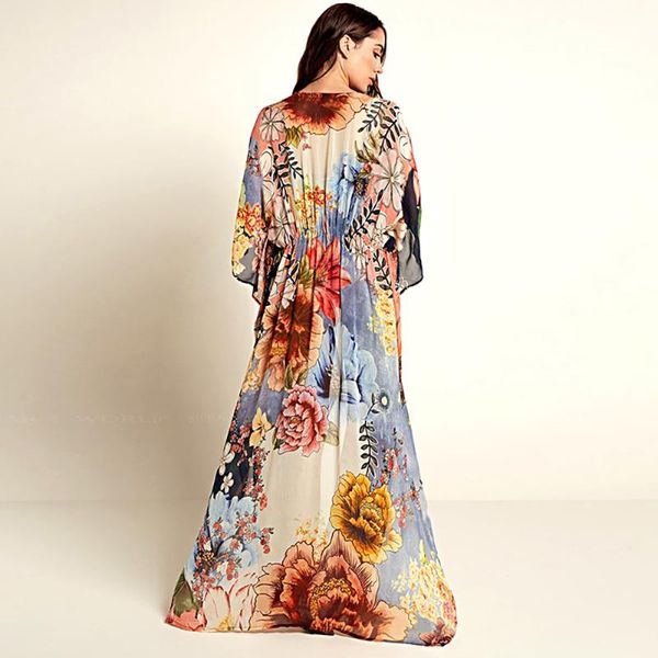 

women's swimwear boho vintage floral print women swimsuit cover up plus size chiffon cardigan bikini tunic beachwear kaftan beach dress, White;black