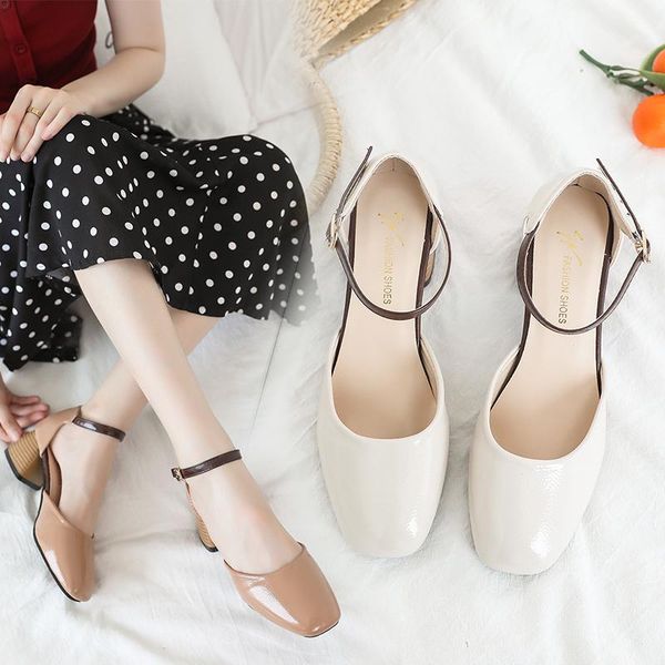 

dress shoes one-button buckle heel 2021 women's square head sandals hollow thick simple spring single z641, Black