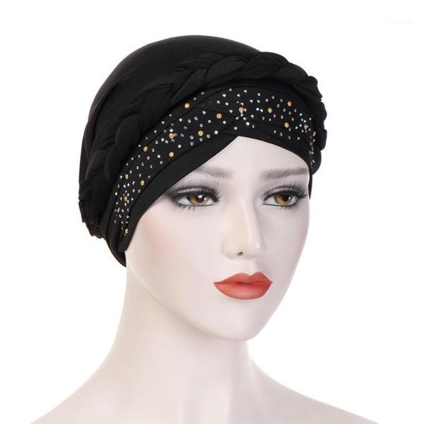 

crystal turban for women beading muslim headwrap ladies bandanas with braid solid color wrap chemo cap fashion hair accessories1