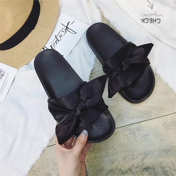 

slippers 2021 women silk bow slides comfortable indoor shoes woman no fur flat heels flip flops ladies famous sandals, Black