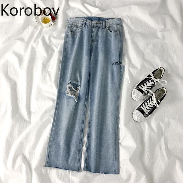 

women's pants & capris korobov women streetwear trousers harajuku denim fashion wide leg 2021 hole preppy style jeans femme, Black;white