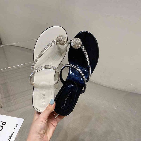 

women slippers clip toe crystal black/white summer round mid heels pearl jelly shoes woman shallow slip on sandals 210513