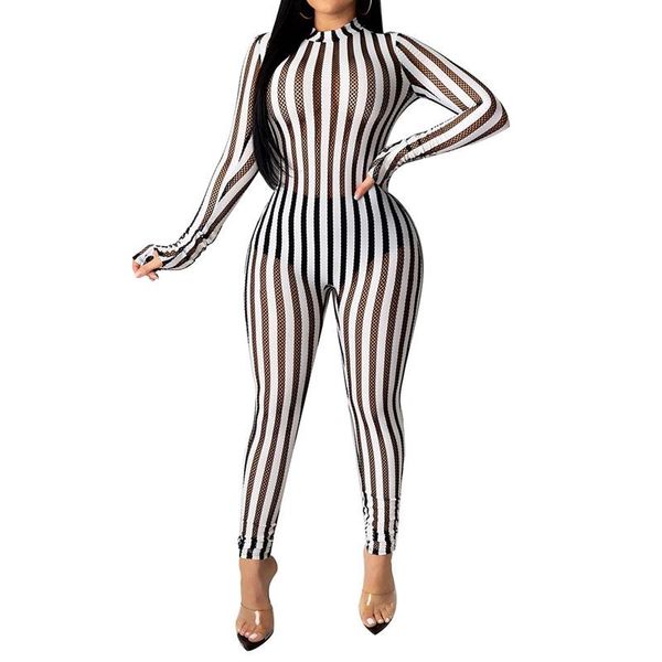 

gym clothing women's striped jumpsuit crew neck long sleeve zipper see-through bodysuit running jogging sport outfits black white, White;black