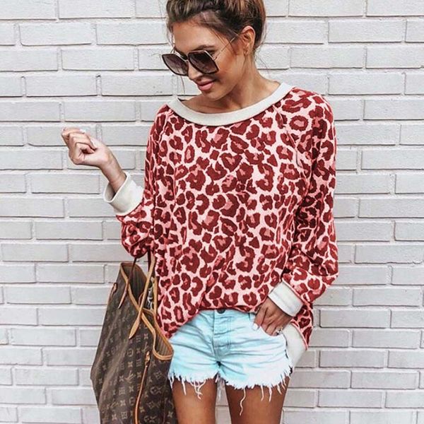 

new fashion women sweatshirt round neck print leopard jersey loose shirt 5 colors women pullovers 210419, Black