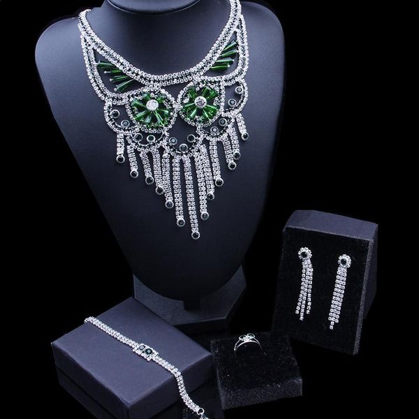 

earrings & necklace trendy luxury bridal jewelry sets sparkling gift green crystal bracelet ring set for women wedding, Silver