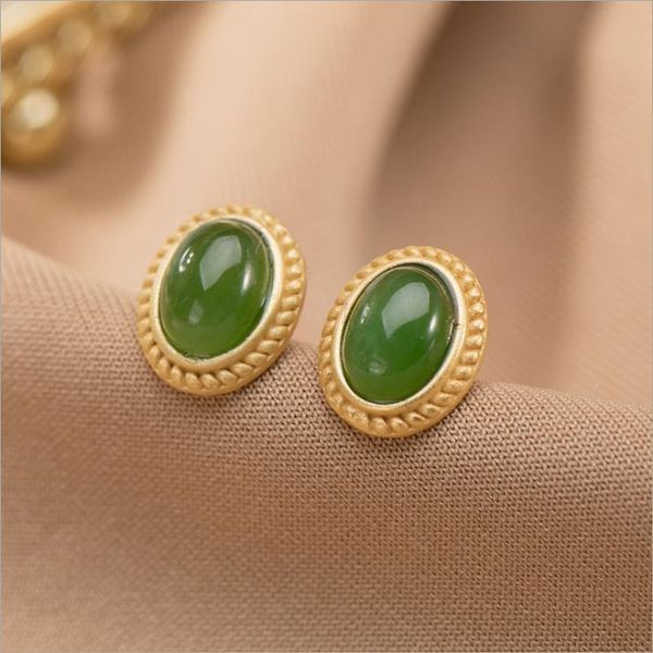 

stud s sterling silver inlaid natural hetian jade earrings oval niche design fresh and cute craftsmanship women brand jewelry, Golden;silver