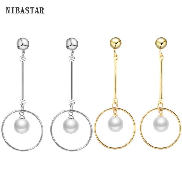 

dangle & chandelier nibastar long pearl drop earrings for women stainless steel elegant white round pendent earring party wedding jewelry, Silver