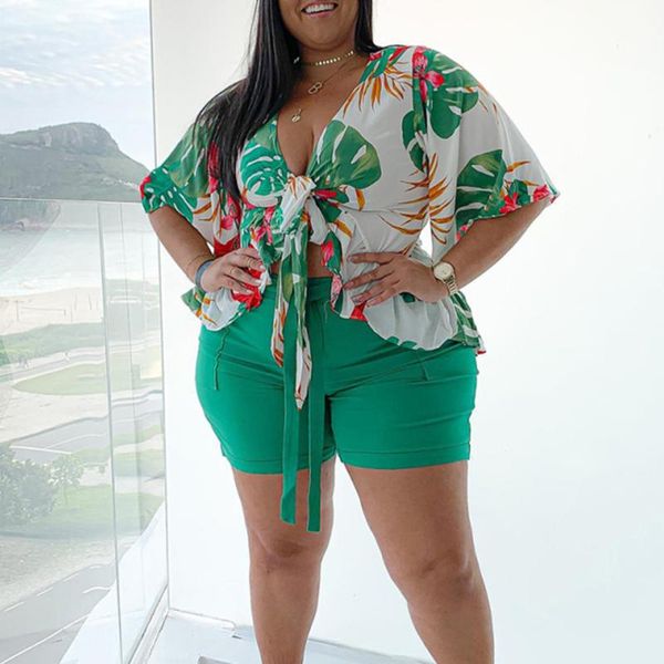 

women's tracksuits women shorts outfits summer casual hawaiian fashion print plus size half-sleeve two-piece set conjunto feminino dons, Gray