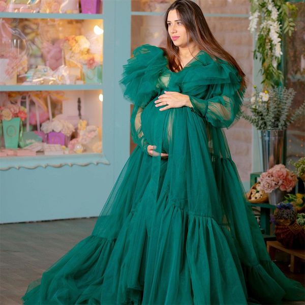 

hunter green prom dresses sheer ruffles pshoot gowns oversize tulle maternity dress robes 2022, Black