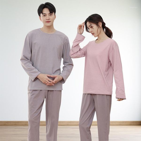 

men's sleepwear 2021 spring autumn pajama sets men women pure cotton long sleeve home costumes loose knitted stripes lovers plus size, Black;brown