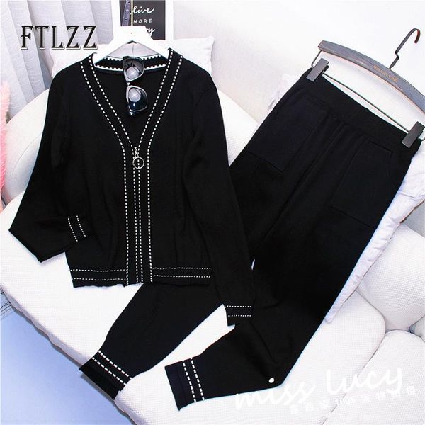 

two piece dress fashion woman sweater set 2021 spring atuumn zipper short cardigan + slim pants outfit women knit suits tracksuits, White