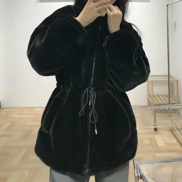 

women outwears 2021 winter elegant luxurious faux fur coats slim warm stand collar zipper black jackets thin long women's, Black;brown