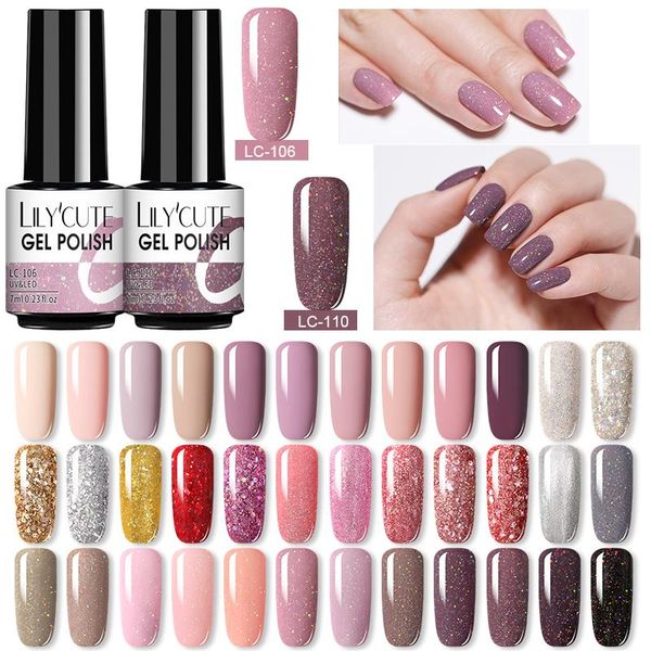 

nail gel lilycute 7ml glitter polish semi permanent rose gold luminous art varnish base coat soak off nails uv led, Red;pink