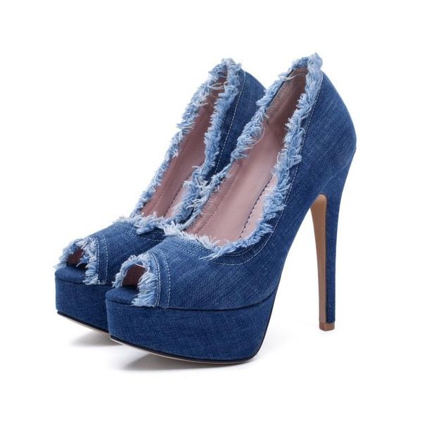 

dress shoes blue black denim high heel pumps women fish mouth fine for