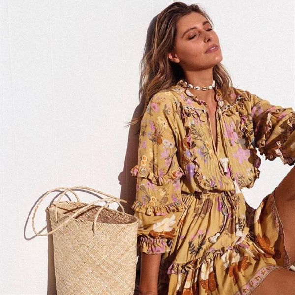 

boho vintage yellow floral print kimono women bohemian v neck batwing sleeves happie blouses casual blusas robe a625 women's swimwear, White;black